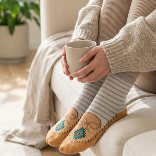 Person wearing cozy socks with a pattern, sitting on a couch holding a mug.