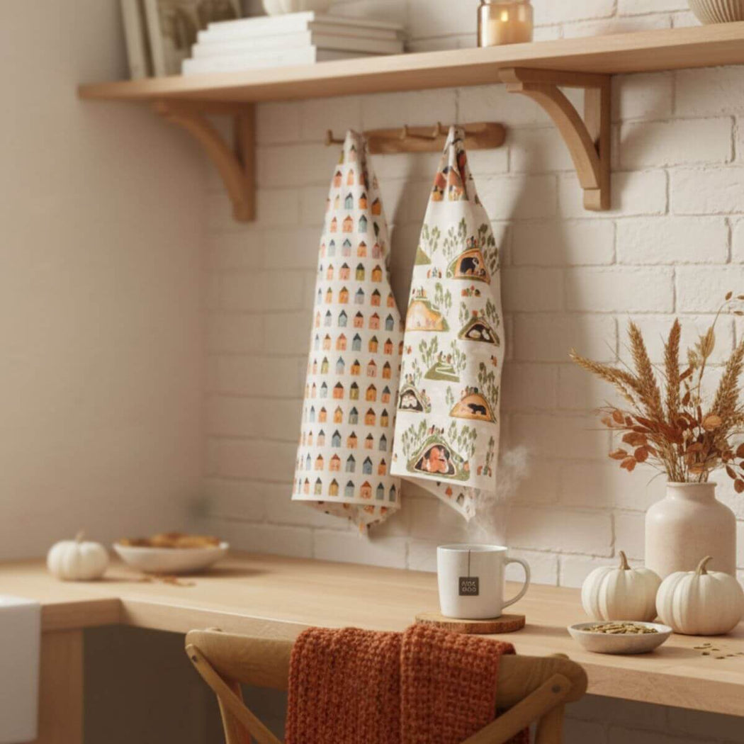 Dishtowels Hanging Against a Brick Wall
