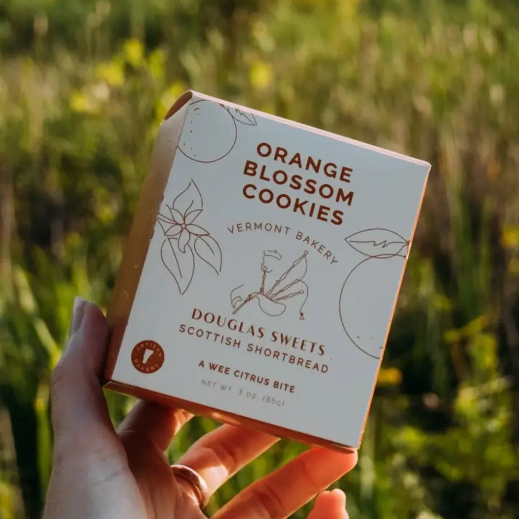 Douglas Sweets Orange Blossom Cookies – Scottish shortbread with citrus flavor, 3 oz box, artisan cookies from Vermont bakery.