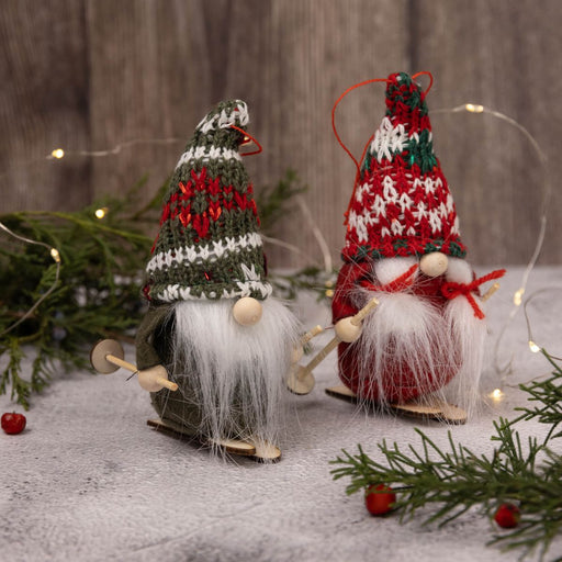 Gnome on Ski Ornament Set - A Pair of Green and Red Gnomes