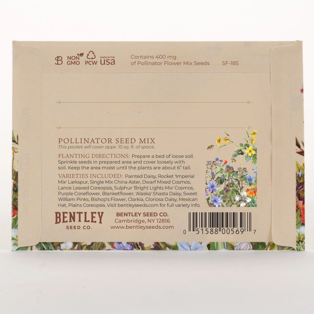 Bentley Seed Co. pollinator seed mix packaging with planting directions and product details.