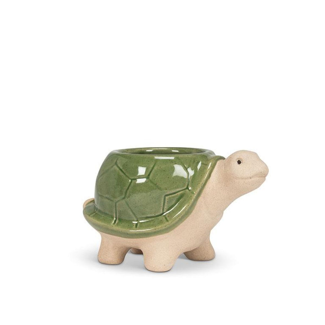 Ceramic turtle-shaped planter with green shell on a white background