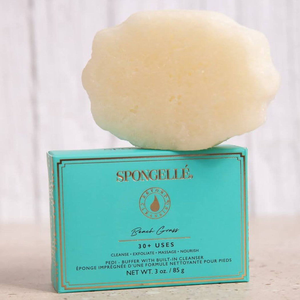 Spongellé beach grass pedi buffer bar on its packaging with a white background