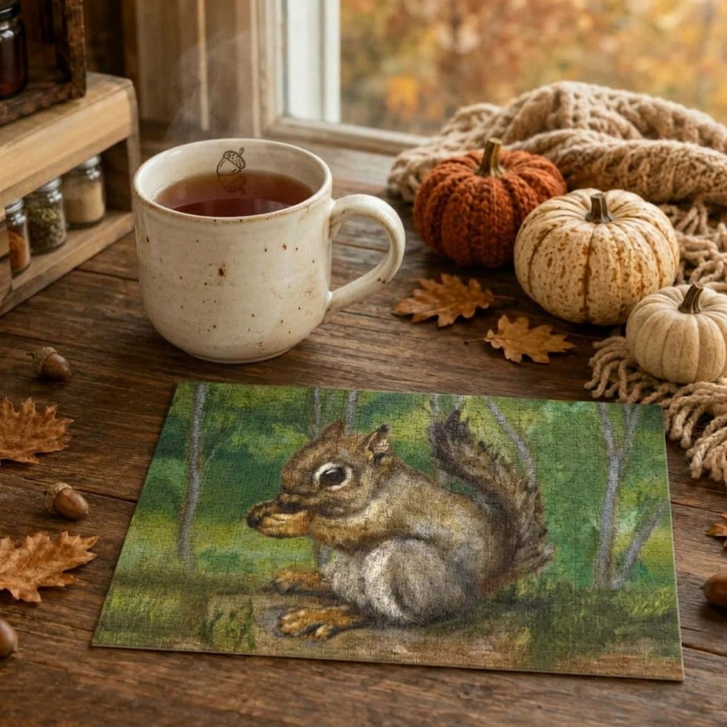 A rectangular puzzle featuring a painted squirrel in a forest, styled on a rustic wooden table next to a mug of tea, autumn leaves, pumpkins, and a knitted scarf.