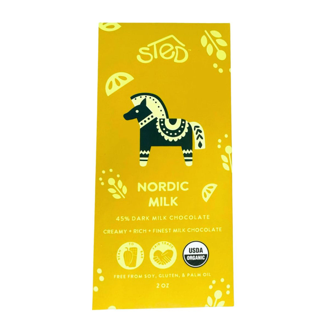 Nordic Milk chocolate bar packaging with a horse illustration on a yellow background