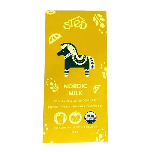 Nordic Milk chocolate bar packaging with a horse illustration on a yellow background