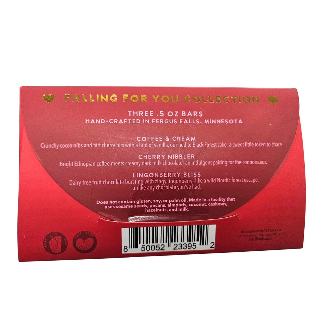 Red packaging with text and a barcode for a chocolate product collection.
