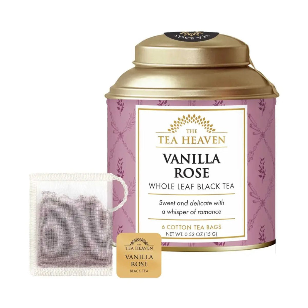 Vanilla Rose tea canister with a tea bag on a white background