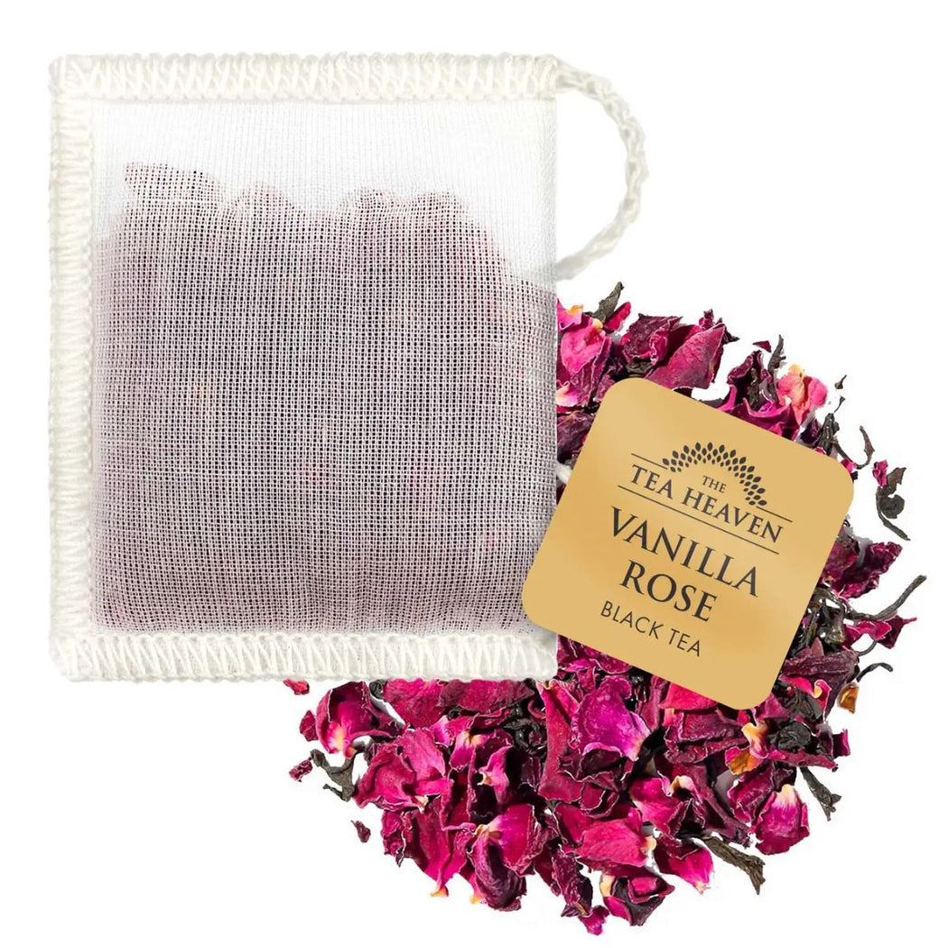 Vanilla Rose black tea with a mesh bag and visible brand label on a white background