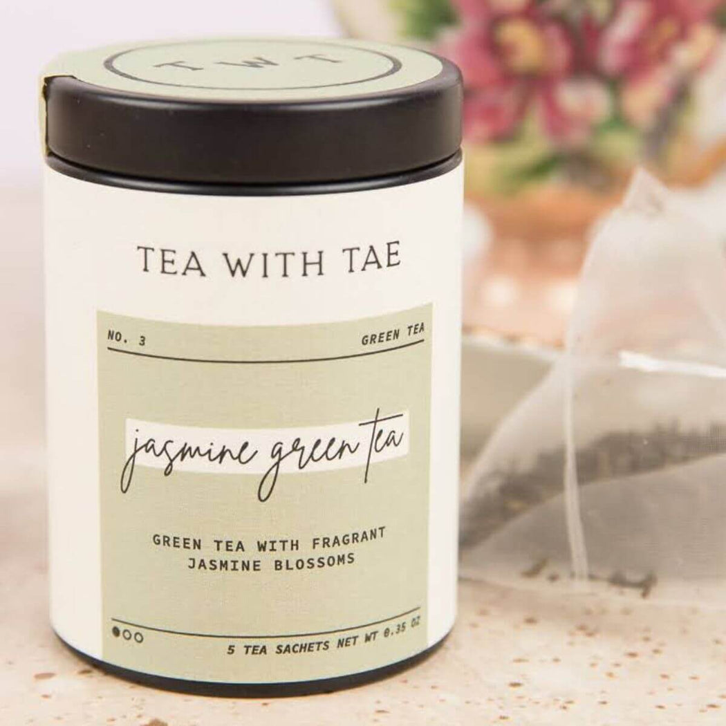 jasmine green tea in a mini metal canister from tea with tae