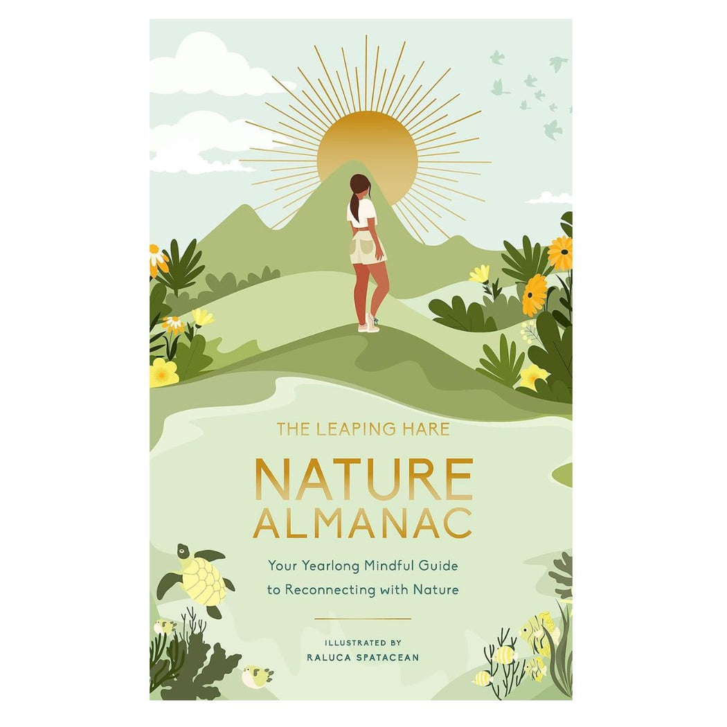 Book cover of 'The Leaping Hare Nature Almanac' with a woman standing on a hill, sun, and nature elements.
