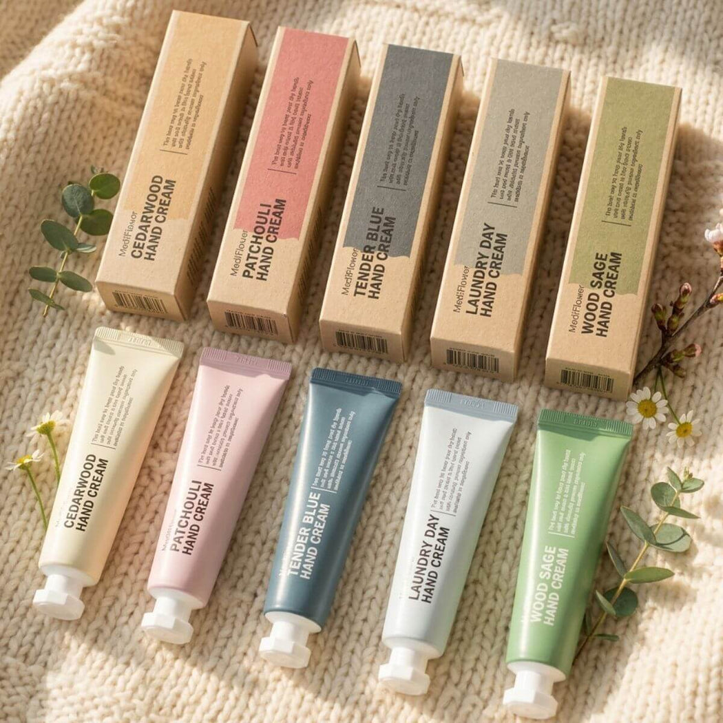 Collection of hand cream boxes and tubes on a textured surface with plants.