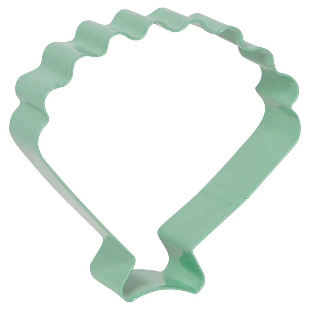 A mint green metal cookie cutter shaped like a shell, shown on a plain white background.