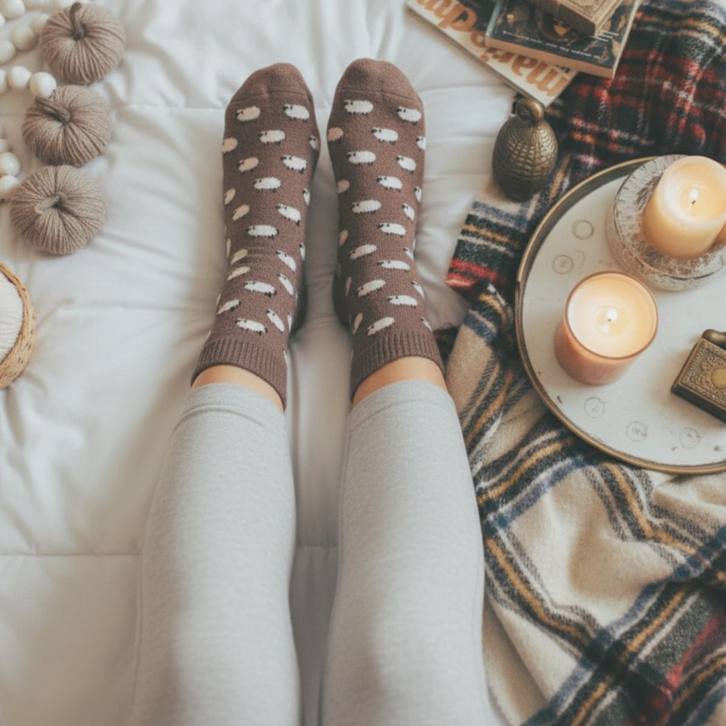 Person wearing brown socks with an allover sheep pattern, sitting on a bed with candles and a plaid blanket.