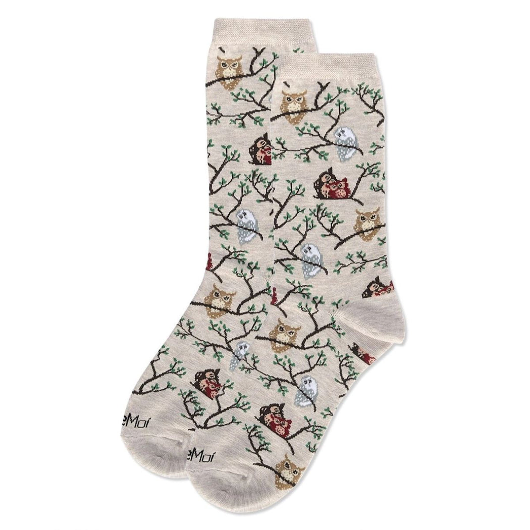 Women's Oatmeal Heather socks with owl pattern on a white background