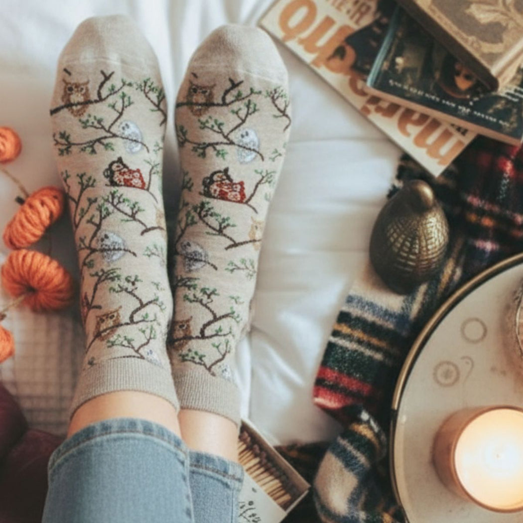 Pair of feet wearing owl patterned socks with a cozy setting including books, pumpkins, and a candle.