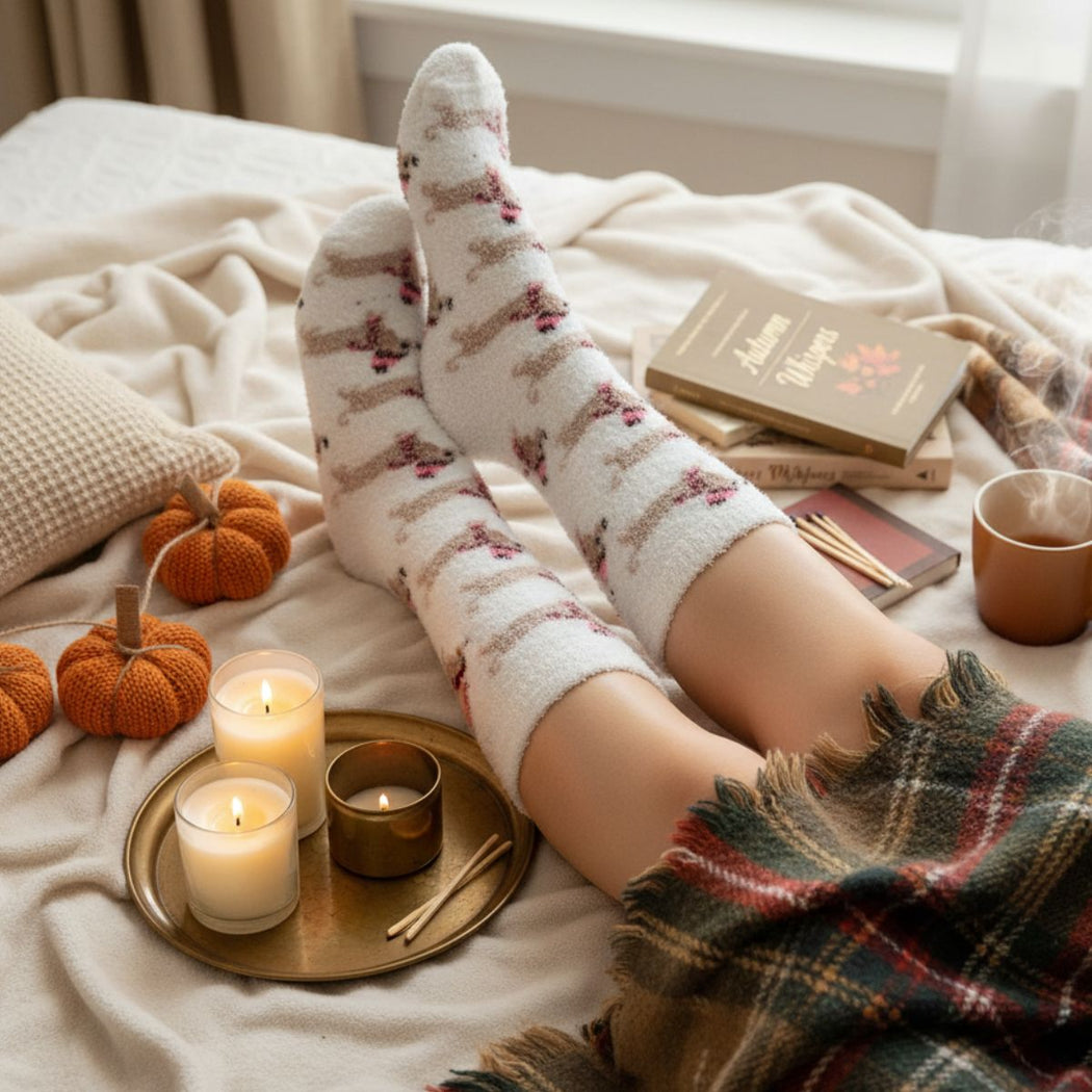 Person wearing cozy socks with a warm blanket, candles, and books on a bed.