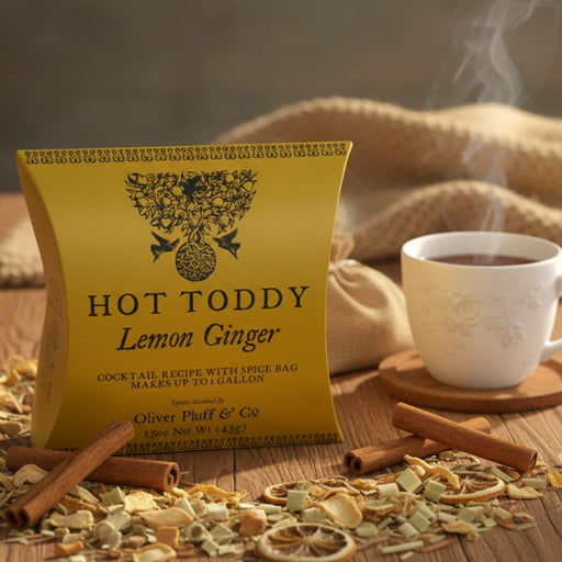 Hot Toddy Lemon Ginger package with a cup of tea and ingredients on a wooden surface