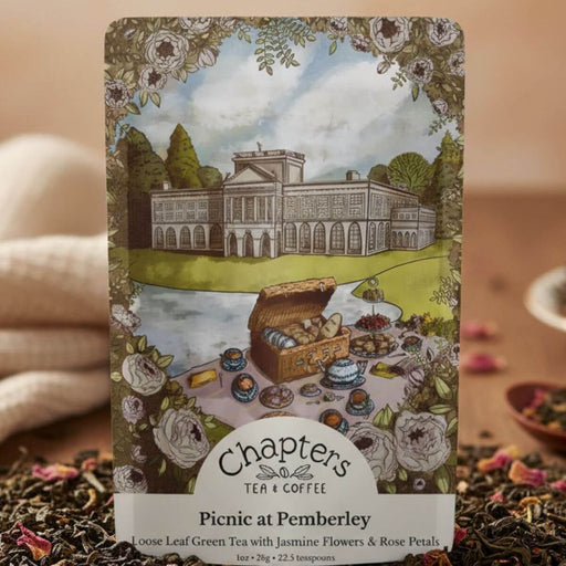 Tea package with illustration of a picnic scene and building, featuring ' Chapters Tea & Coffee'.