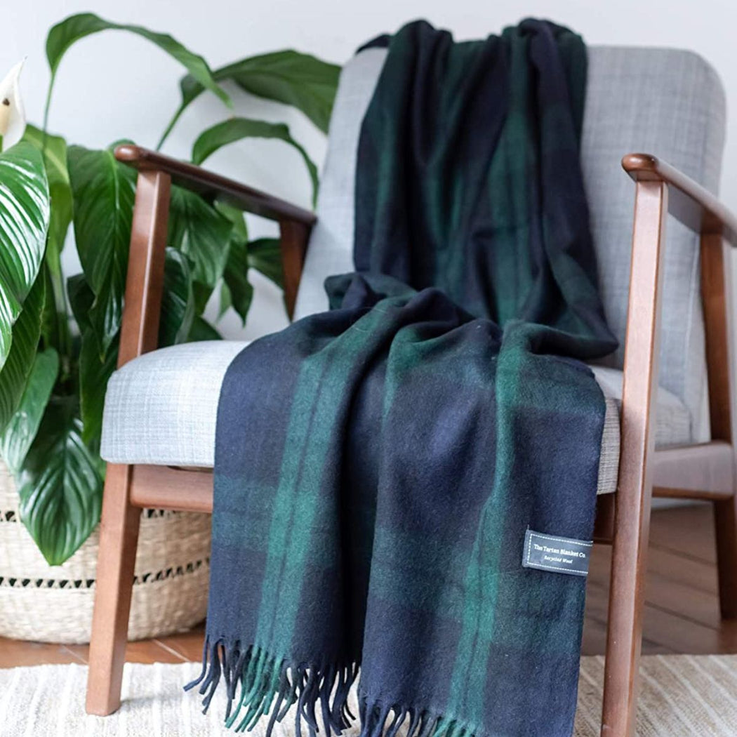 Black Watch tartan recycled wool blanket draped over a mid-century armchair beside a large green houseplant.