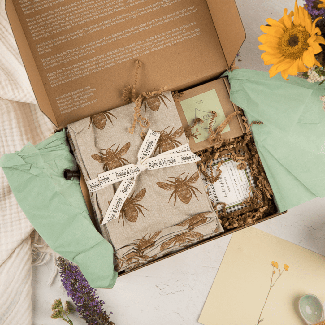Raine & Humble Honey Bee Print Napkin Set with Ribbon in Hygge Box