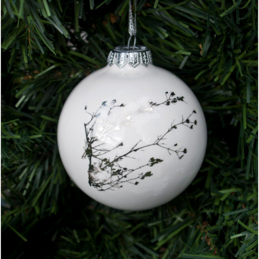 English Bone China Minimalist branches bauble decorated with platinum winter twigs Handmade in UK.